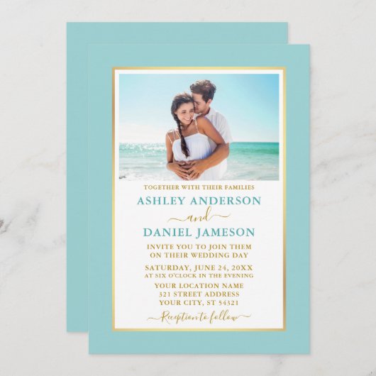 モダンエレガントターコイズブルー金ゴールド結婚ズ 招待状 (正面/裏面)