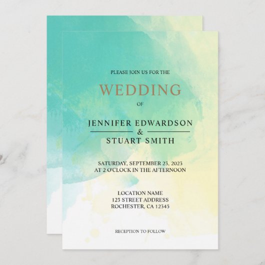 モダンエレガントターコイズ金ゴールド水結婚色 招待状 (正面/裏面)