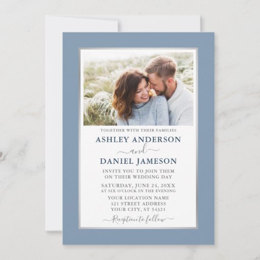 モダンエレガントダスティブルー結婚シルバー 招待状 (正面)