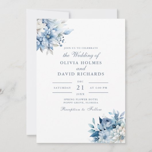 モダンエレガントダスティブルー結婚ワイルドフラワーズ 招待状 (正面)