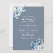 モダンエレガントダスティブルー結婚ワイルドフラワーズ 招待状 (正面)