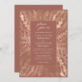 モダンエレガントテラコッタ金ゴールドフローラ結婚リーフ 招待状 (正面/裏面)