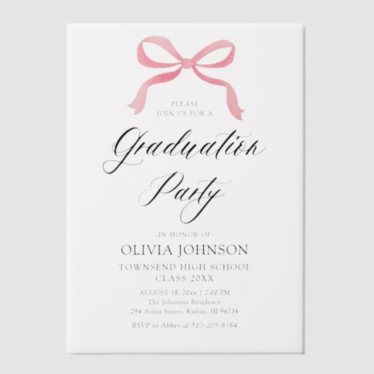 モダンエレガントトレンディースタイリッシュピンクボウ卒業 ベラム紙招待状 (正面)