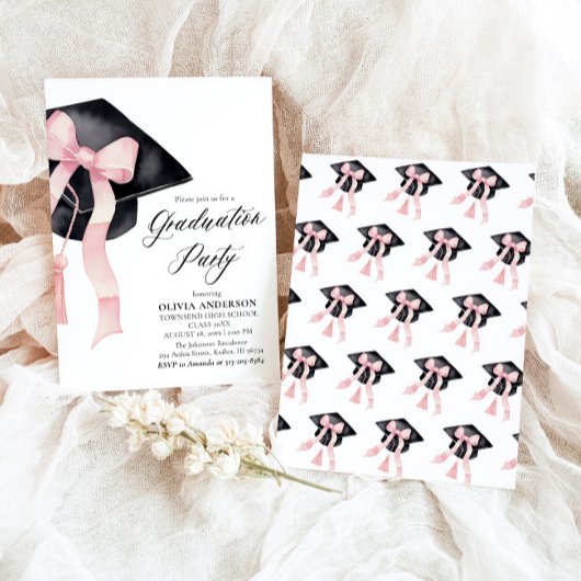 モダンエレガントトレンディースタイリッシュピンクボウ卒業 招待状