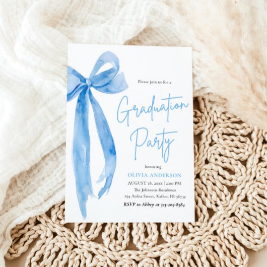 モダンエレガントトレンディースタイリッシュブルーボウ卒業 招待状