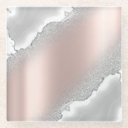 モダンエレガントバラ金ゴールドグリッターシルバーマーブル ガラスコースター (正面)
