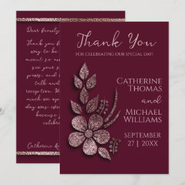 モダンエレガントバラ金ゴールドグリッターフローラ&ブルゴーニュ サンキューカード