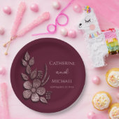 モダンエレガントバラ金ゴールドグリッターフローラ&ブルゴーニュ ペーパープレート (パーティー)