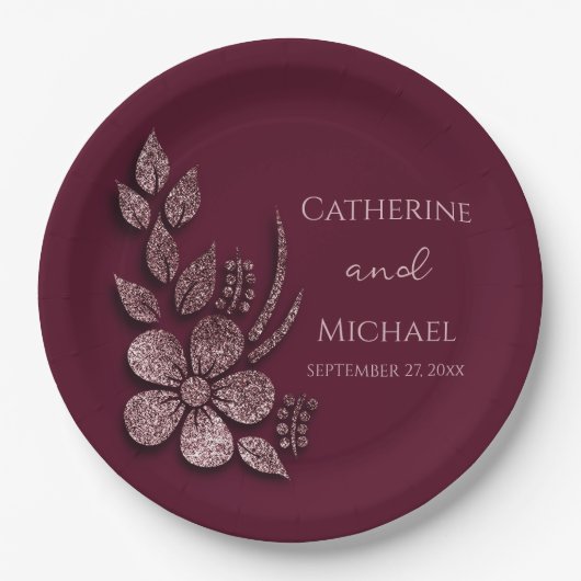 モダンエレガントバラ金ゴールドグリッターフローラ&ブルゴーニュ ペーパープレート (正面)