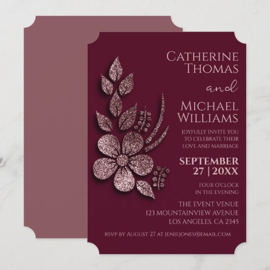 モダンエレガントバラ金ゴールドグリッターフローラ&ブルゴーニュ 招待状 (正面/裏面)