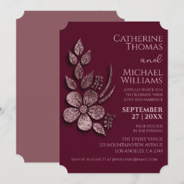 モダンエレガントバラ金ゴールドグリッターフローラ&ブルゴーニュ 招待状