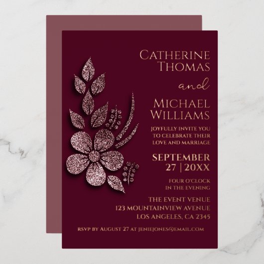 モダンエレガントバラ金ゴールドグリッターフローラ&ブルゴーニュ 箔招待状 (正面/裏面)