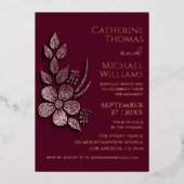 モダンエレガントバラ金ゴールドグリッターフローラ&ブルゴーニュ 箔招待状 (正面)