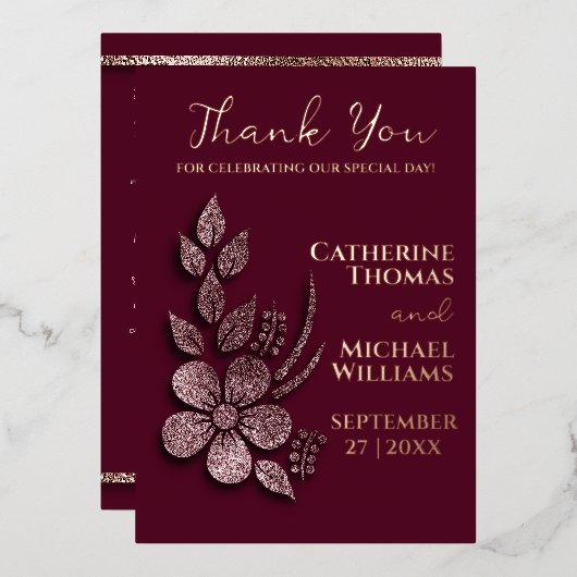 モダンエレガントバラ金ゴールドグリッターフローラ&ブルゴーニュ 箔招待状 (正面/裏面)