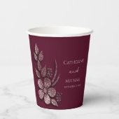 モダンエレガントバラ金ゴールドグリッターフローラ&ブルゴーニュ 紙コップ (裏面)