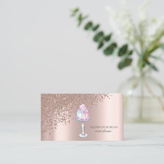 モダンエレガントバラ金ゴールドケーキ菓子 名刺 (スタンド正面)