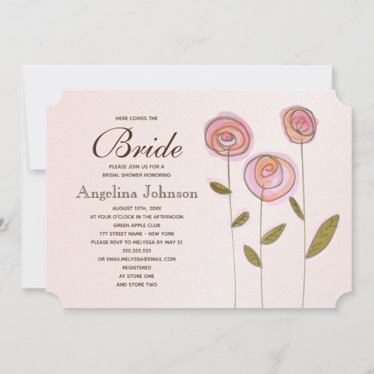 モダンエレガントバラ金ゴールドフローラブライダルシャワー 招待状 (正面)