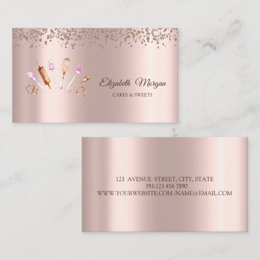 モダンエレガントバラ金ゴールドベーカリーツール 名刺 (正面/裏面)