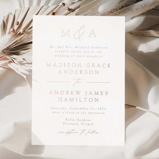 モダンエレガントバラ金ゴールドモノグ結婚ラムズ 箔招待状