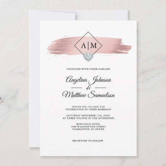 モダンエレガントバラ金ゴールド大理石ハート結婚ズ 招待状 (正面)