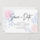 モダンエレガントピンクのローズブルーのミニマ結婚リスト セーブザデート (正面)