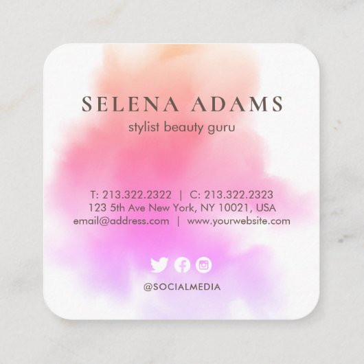 モダンエレガントピンク紫の水の色抽象芸術 スクエア名刺 (裏面)