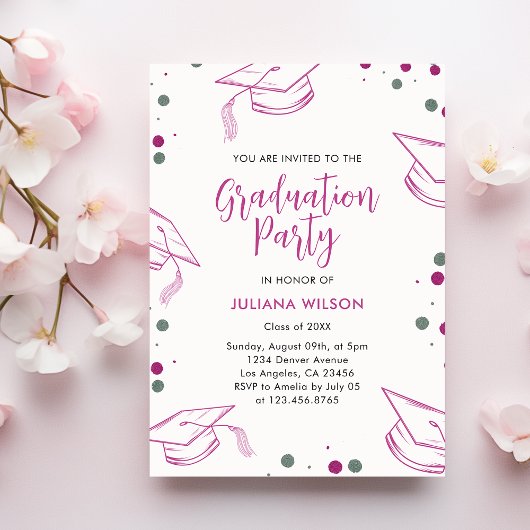 モダンエレガントピンク・シルバー卒業式パーティー 招待状