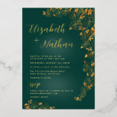モダンエレガントフローラエメラルド結婚グリーンの金ゴールド 箔招待状 (正面)