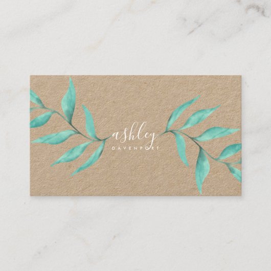 モダンエレガントフローラターコイズ水カラークラフト 名刺 (正面)
