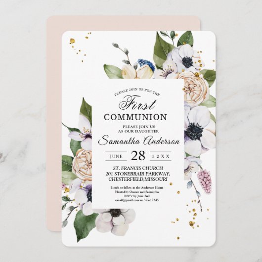 モダンエレガントフローラフレームと金ゴールドドロップ 招待状 (正面/裏面)