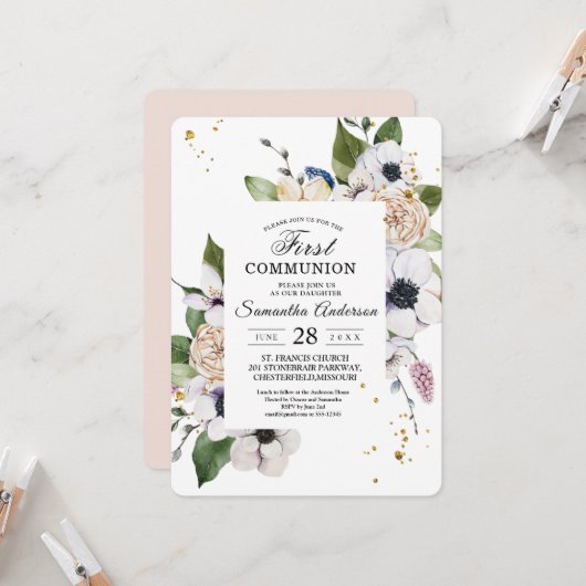 モダンエレガントフローラフレームと金ゴールドドロップ 招待状 (正面/裏面インサイチュ)