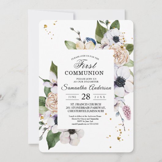 モダンエレガントフローラフレームと金ゴールドドロップ 招待状 (正面)