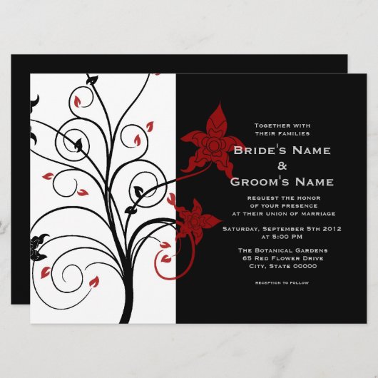 モダンエレガントフローラブラックとレッドウェディングの招待 招待状 (正面/裏面)
