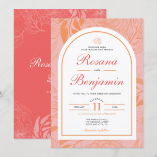 モダンエレガントフローラボタニカル結婚サンゴ 招待状
