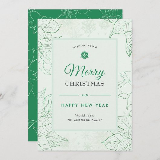 モダンエレガントフローラポインセチア緑クリスマス シーズンカード (正面/裏面)
