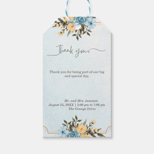モダンエレガントフローラ水色結婚緑 ギフトタグ (正面)