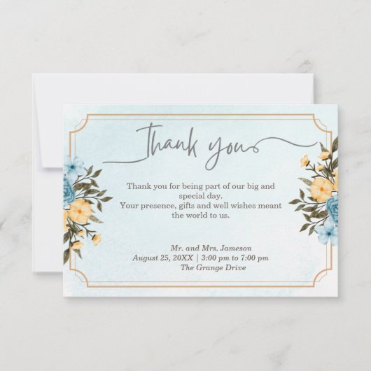 モダンエレガントフローラ水色結婚緑 サンキューカード (正面)