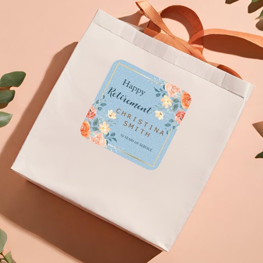 モダンエレガントフローラ水色退職パーティー スクエアシール