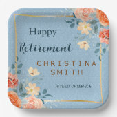 モダンエレガントフローラ水色退職パーティー ペーパープレート (正面)