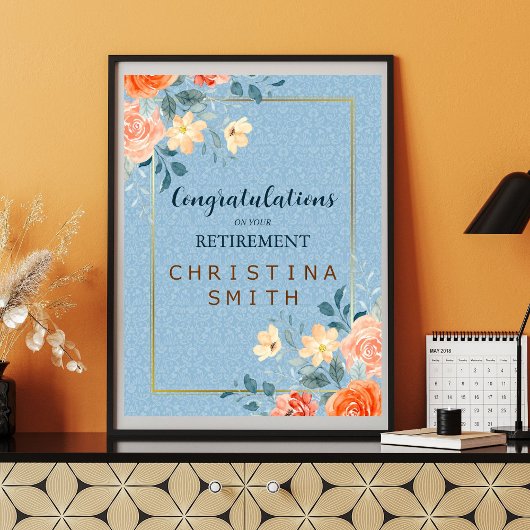 モダンエレガントフローラ水色退職パーティー ポスター