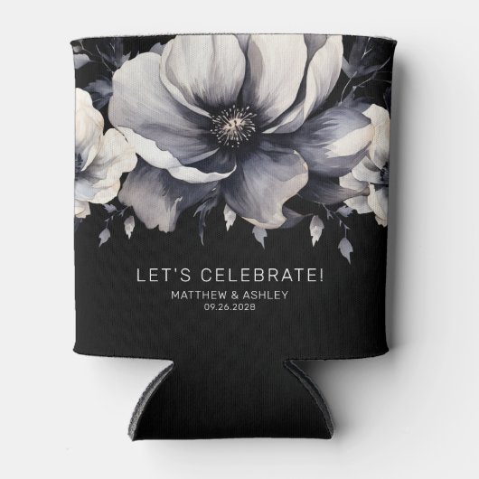 モダンエレガントフローラ白黒結婚式の引き出物 缶クーラー (正面)