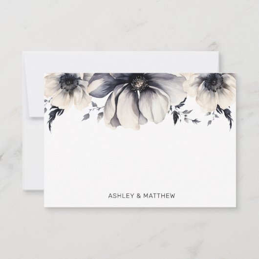 モダンエレガントフローラ結婚ブラック サンキューカード (裏面)