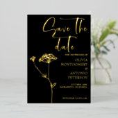 モダンエレガントフローラ黒日付を保存 箔招待状 (立ち正面)