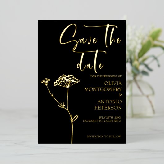モダンエレガントフローラ黒日付を保存 箔招待状 (立ち正面)