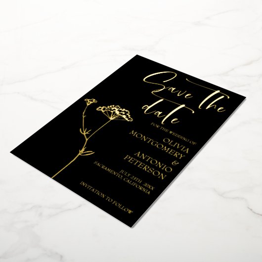 モダンエレガントフローラ黒日付を保存 箔招待状 (回転した状態)