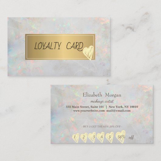 モダンエレガントプロフェッショナルフレームハートホワイトオパール ロイヤリティカード (正面/裏面)