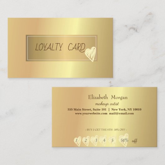 モダンエレガントプロフェッショナル・フレーム、金ゴールド・ハート ロイヤリティカード (正面/裏面)