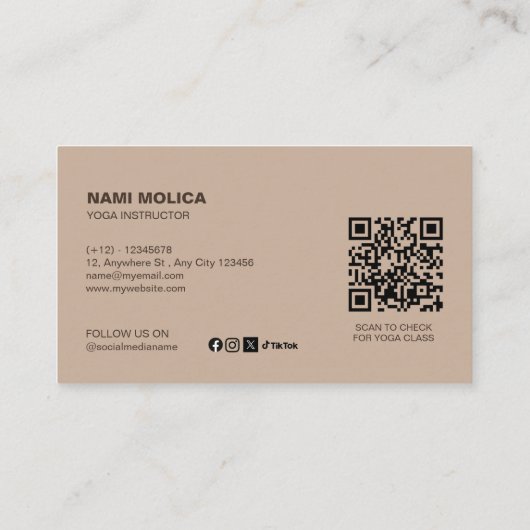 モダンエレガントベージュブラウンエステティックヨガスタジオ 名刺 (裏面)