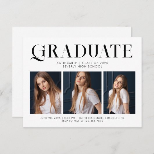 モダンエレガントミニマル卒業三枚写真 インビテーションポストカード (正面/裏面)