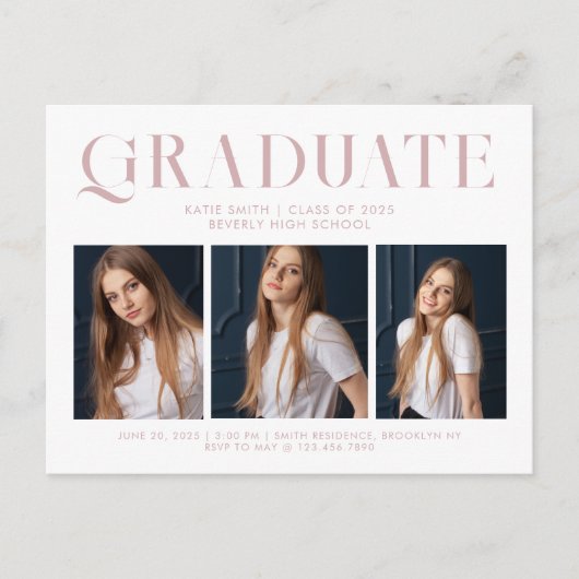 モダンエレガントミニマル卒業三枚写真 インビテーションポストカード (正面)